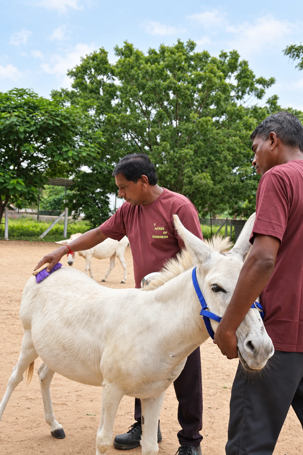 An AHF caregiver brushing a donkey while a colleague holds its lead