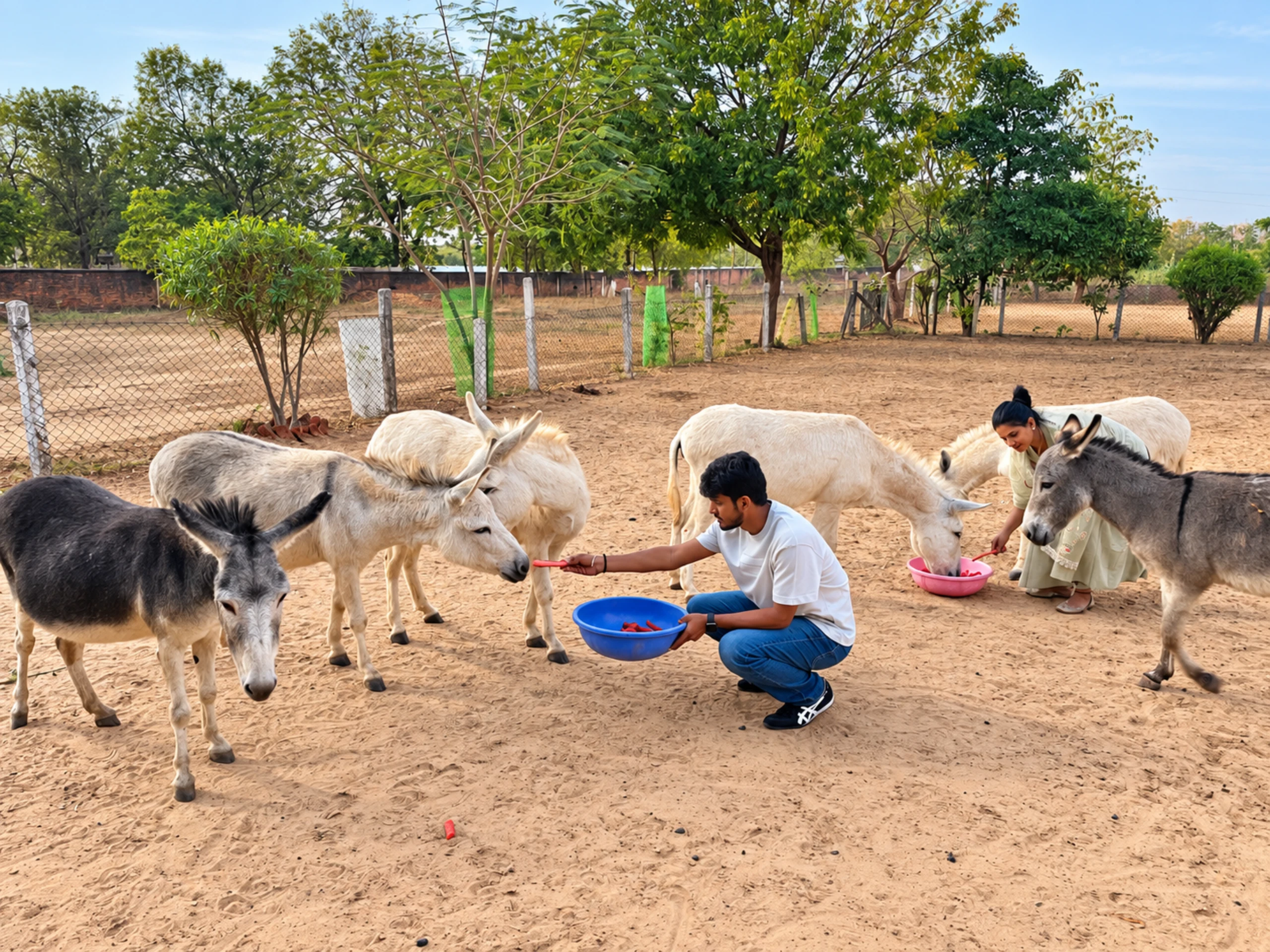 Volunteers feeding and caring for donkeys together in the sanctuary grounds