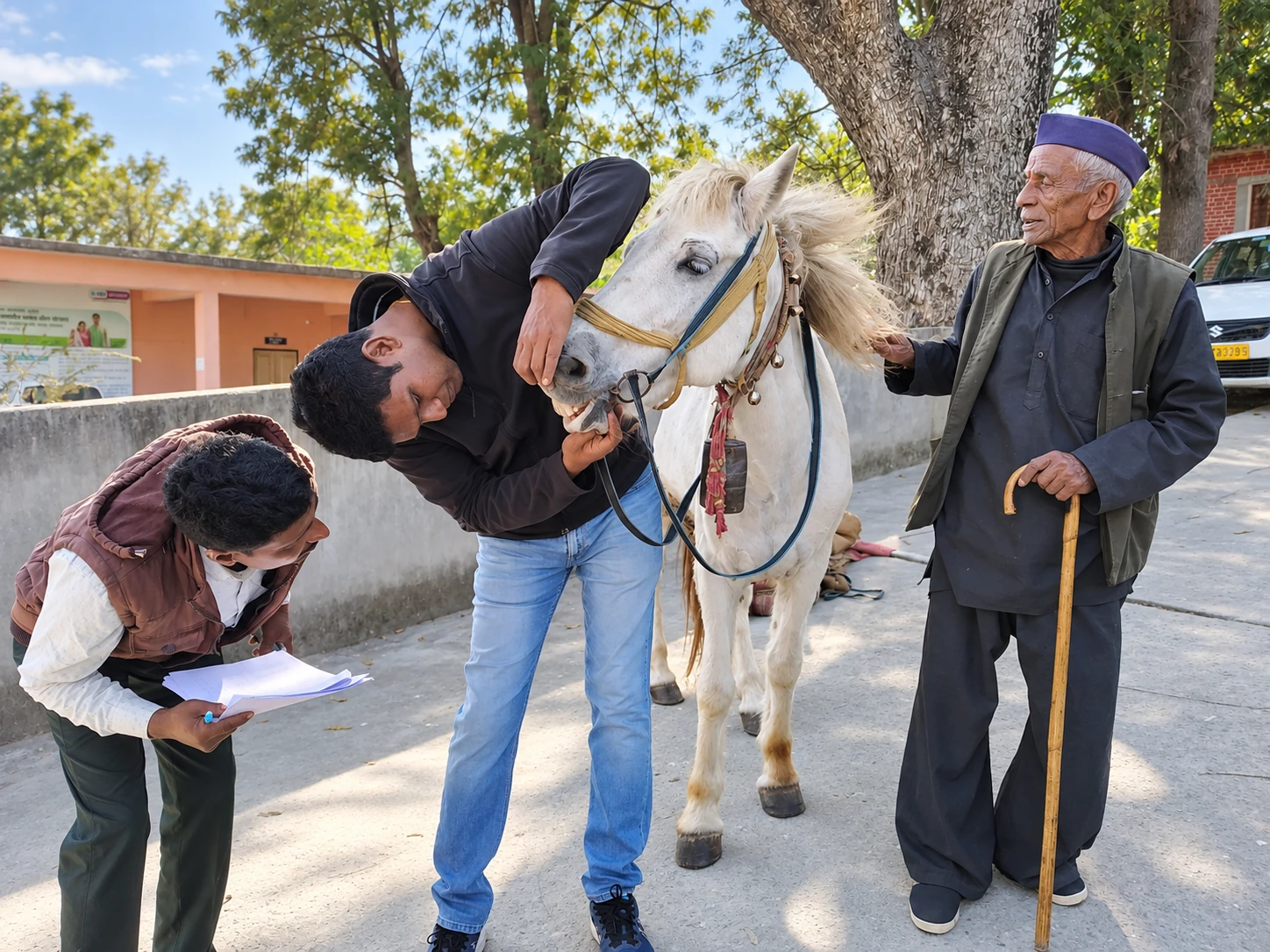 A practitioner examines a working horse while a colleague records observations and the owner stands alongside