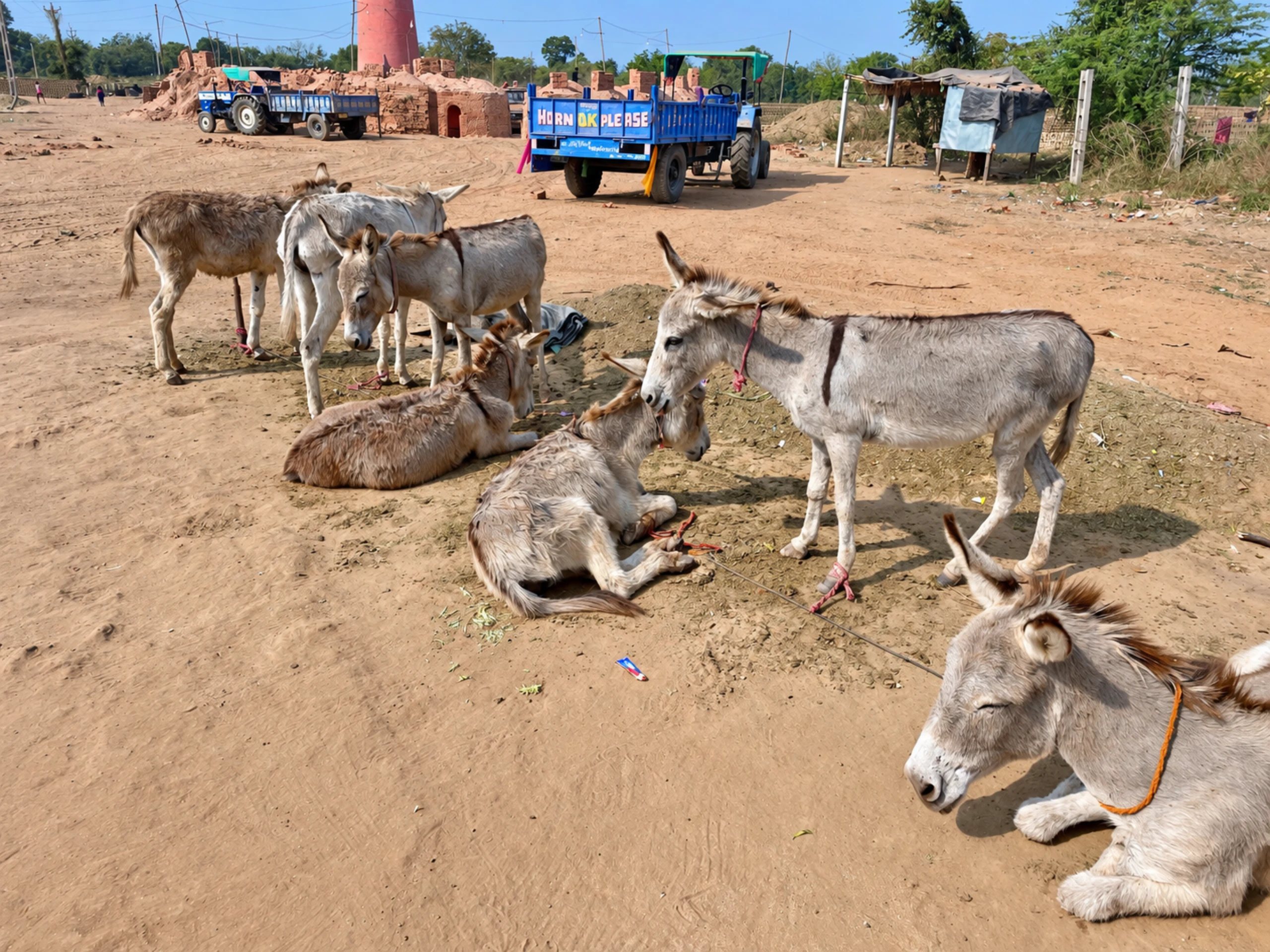 A group of working donkeys resting and standing together near a brickworks